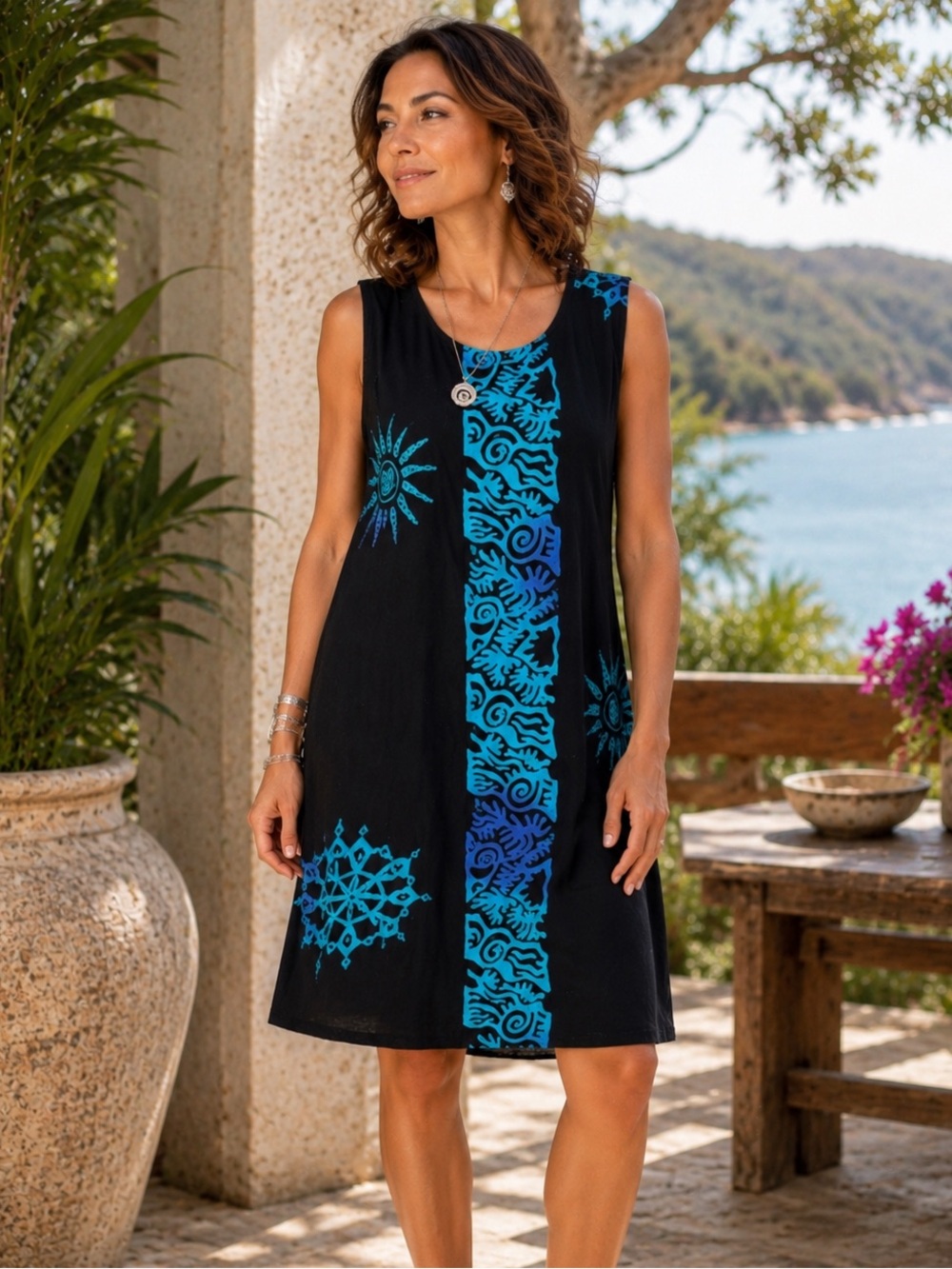 Bali Batiks Hand Painted Art To Wear Dress Blue Black Resort Sundress M